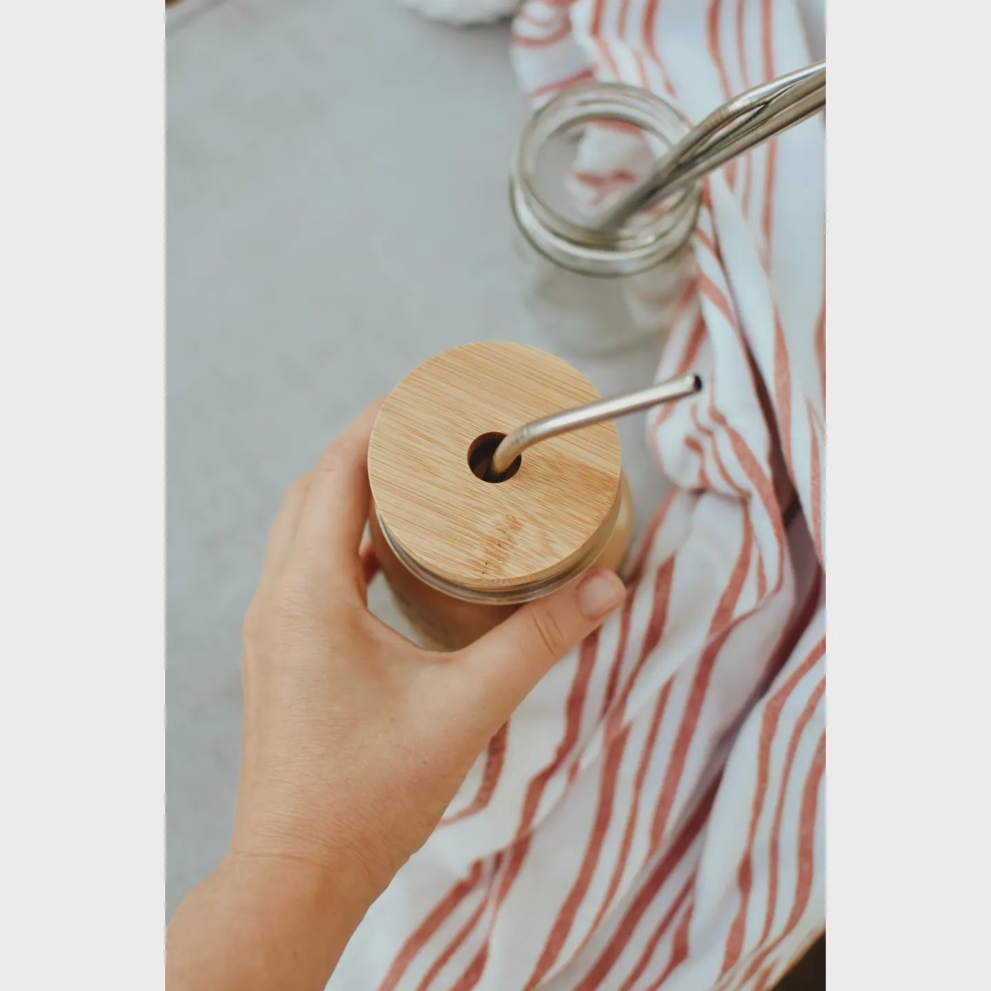 Bamboo Jar Lid with Hole (fits standard mouth jars)