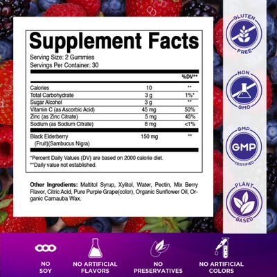 Vitamatic Elderberry Gummies | Zinc &amp; Vitamin C | 60ct