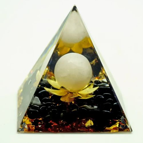Orgonite Pyramid - Quartz White w/ Tourmaline Black Chips &amp; Lotus