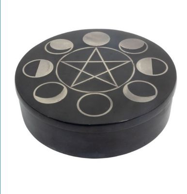 Box Soapstone Round w/ Silver Inlay - Pentagram &amp; Moon Phases Phases