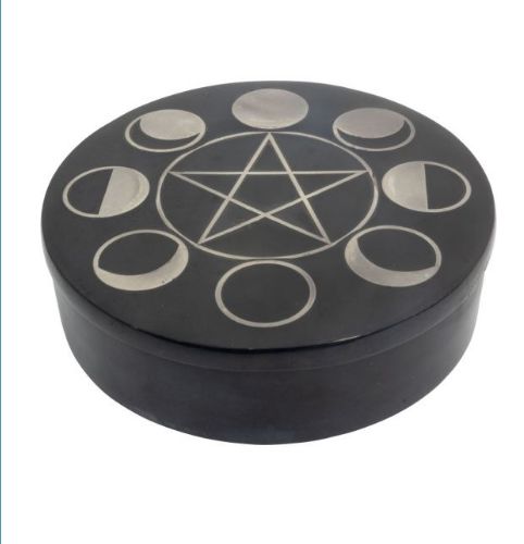 Box Soapstone Round w/ Silver Inlay - Pentagram &amp; Moon Phases Phases