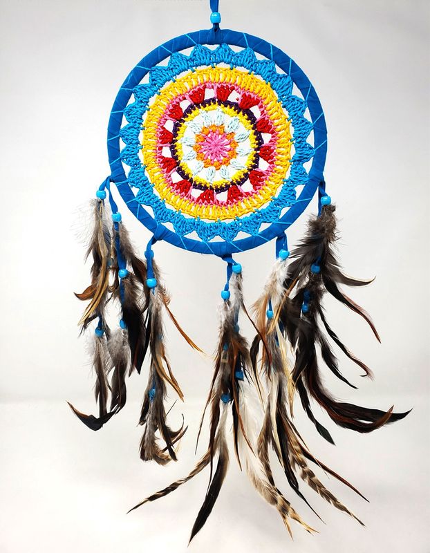 Dream Catcher  - 6.5&quot; Crochet Multi Color with Feathers &amp; Beads