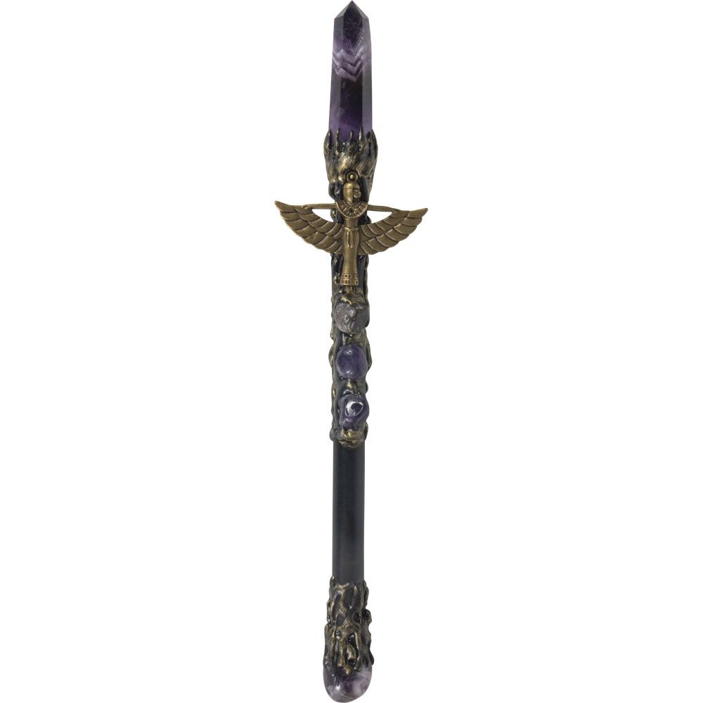 Wand Magic w/ Amethyst Point &amp; Gold Isis charm 10&quot;