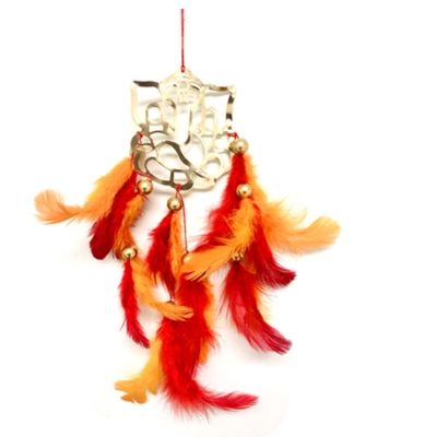 Dreamcatcher - Ganesha in Gold w/ Red Orange Feathers 10"