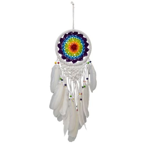 Dream catcher - Macrame White Woven w/ Chakra Rainbow Center 25&quot;