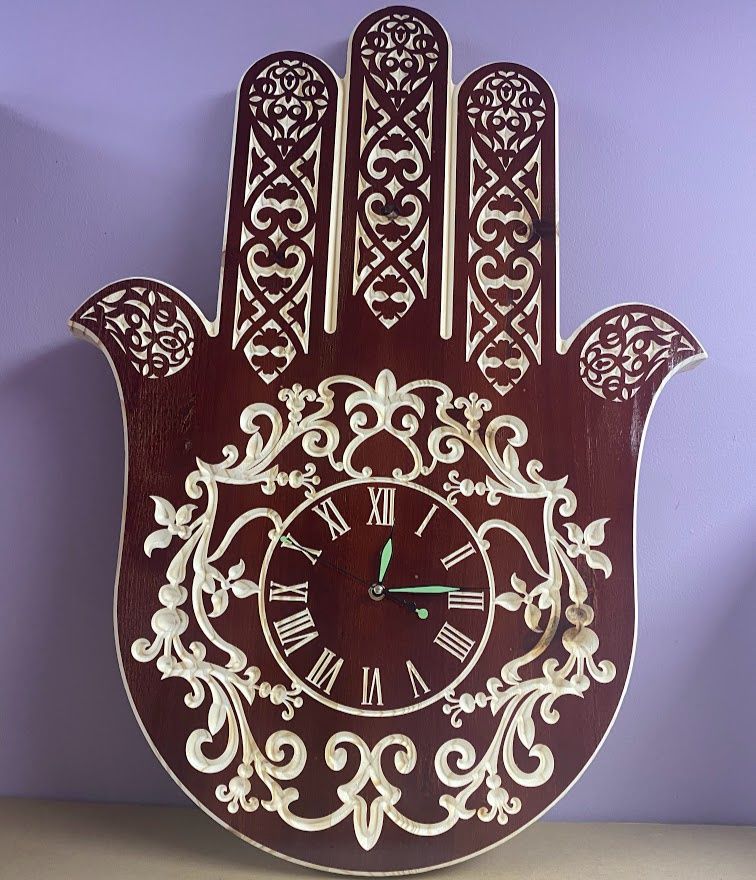 Clock Hamsa Hand Wood 32&quot; tall