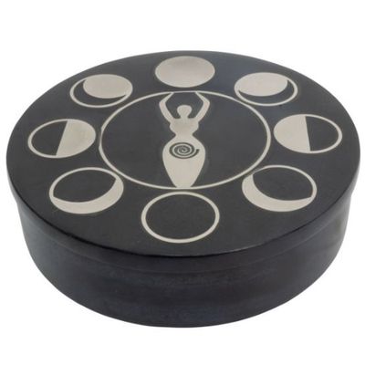 Box Soapstone Round w/ Silver Inlay - Goddess &amp; Moon Phases