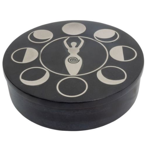Box Soapstone Round w/ Silver Inlay - Goddess &amp; Moon Phases