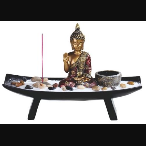 Candle Holder + Incense Burner Buddha Bronze Red 11"