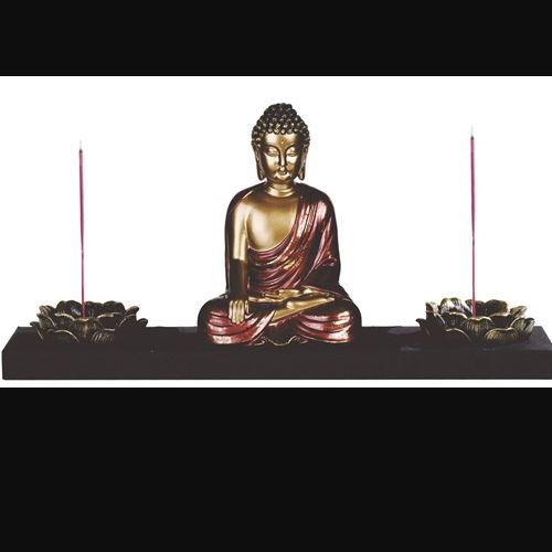 Candle Holder + Incense Burner Buddha Earth Touching 11 1/2" Wide