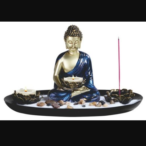 Candle Holder + Incense Burner Buddha Gold Blue  11 1/4"