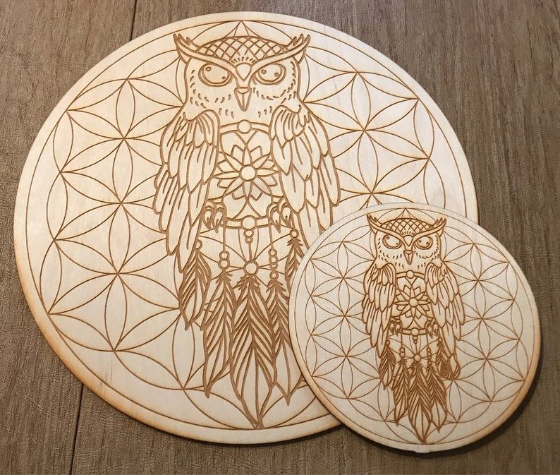 Crystal Grid - Owl Flower of Life Wooden 6&quot;