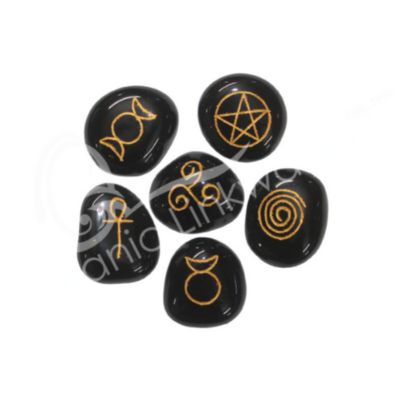 Agate Black Pocket Stone Charms  w/ Pagan Symbols
