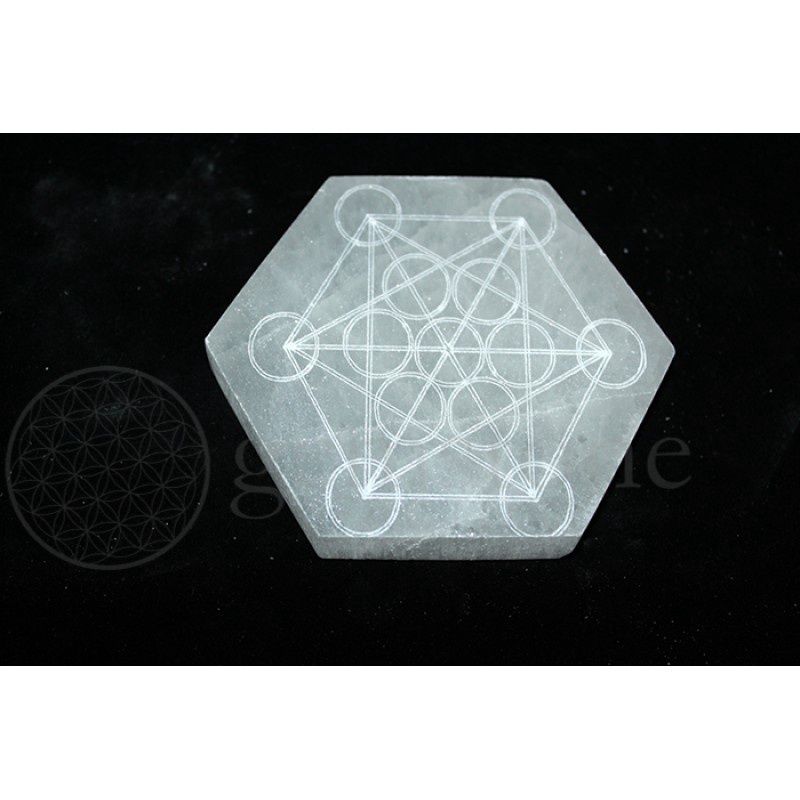 Selenite Hexagon Plate Engraved Metatron&#39;s Cube 4&quot;