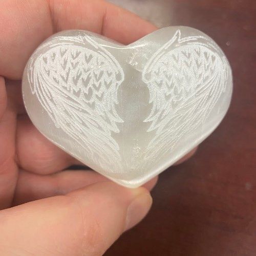 Selenite Heart w/ Angel Wing Engraving 2.5&quot;