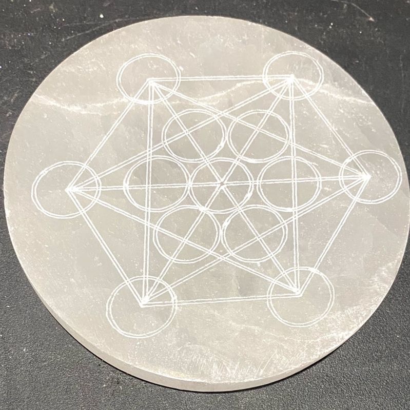 Selenite Plate - Circle w/ Metatrons Cube Engraved 4&quot;