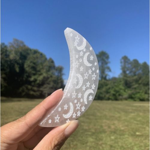 Selenite Flat Moon Shape w/ Star Moon Celestial Etch