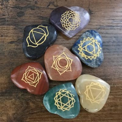 Chakra Heart Engraved Set of 7 Gemstones