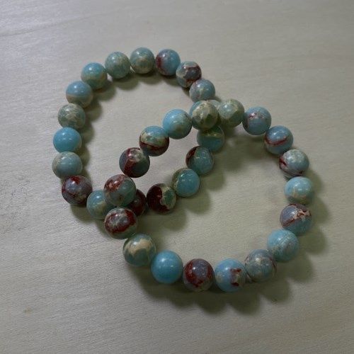 GB Treated Blue Yellow Red Stone 10mm Round Bead Elastic Bracelet