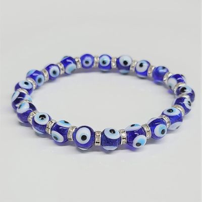 GB Evil Eye blue 8mm elastic bracelet w/ silver spacers