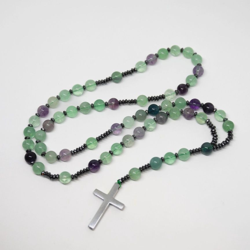 Rosary Rainbow Fluorite 8 mm &amp; Hematite faceted