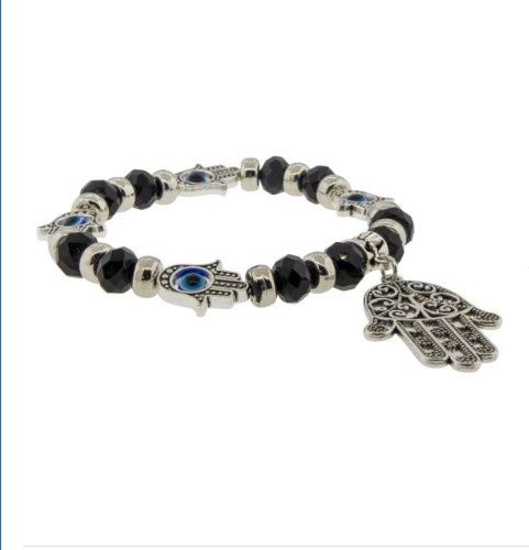 Bracelet Glass Beads Evil Eye BLK w/Fatima Hand
