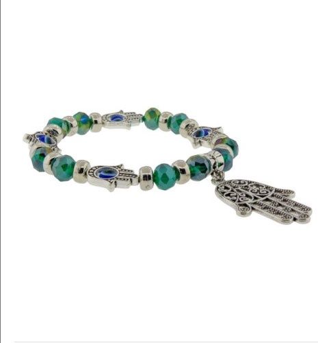 Bracelet Glass Bead GREEN Evil Eye w/Fatima Hand