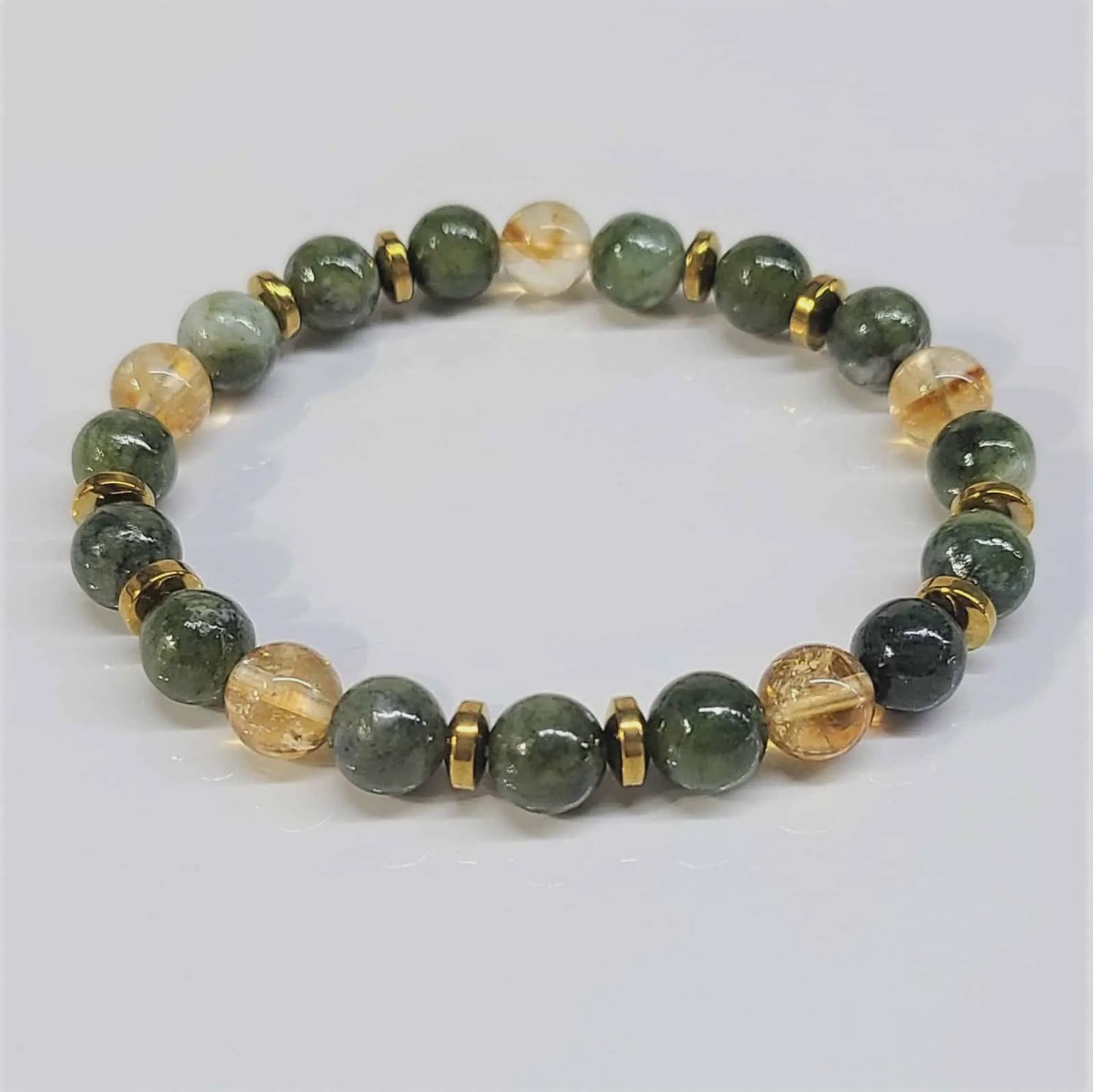 Bracelets Jade Green &amp; Citrine 8 mm Elastic Bracelet w/ gold spacer