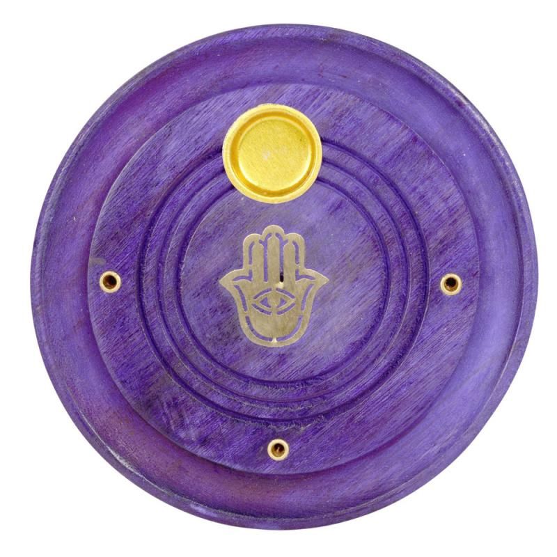 Incense Burner Round Wood Hamsa Hand Purple