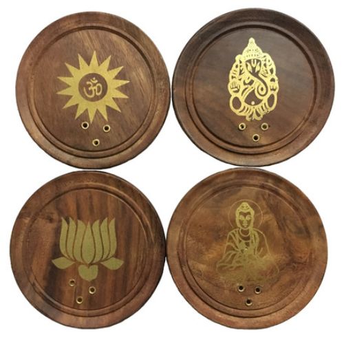 Incense Burner Wood Round 3&quot; Assorted Inlay - Select