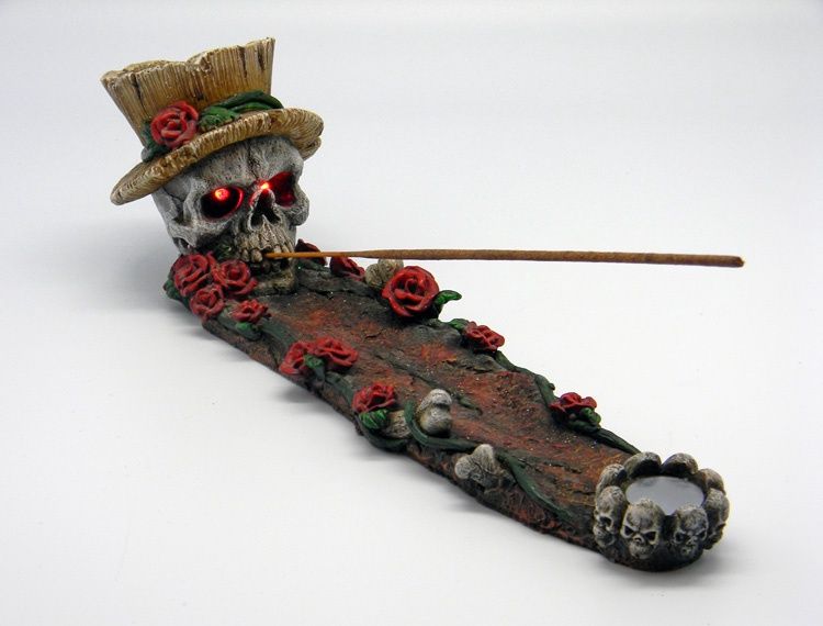 Incense Burner Skull W/Rose Led eyes