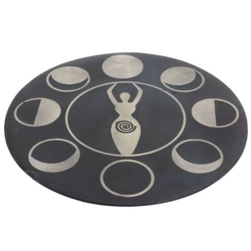 Incense Burner Soapstone Round w/ Silver Inlay - Choose Style, Type: Goddess w/ Moon Phases