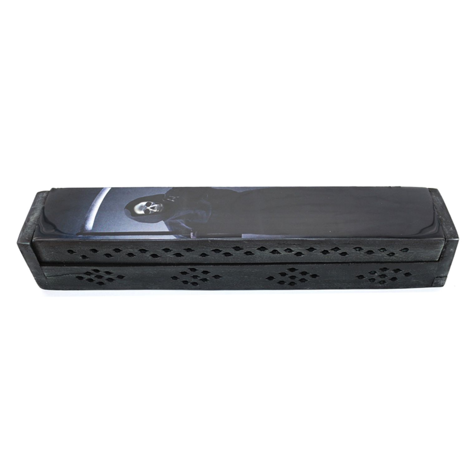 Incense Burner Wood Coffin Box w/ Grim Reaper