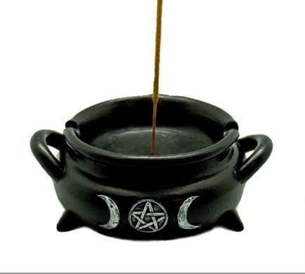Incense Burner Resin Cauldron w/ Triple Moon 4"