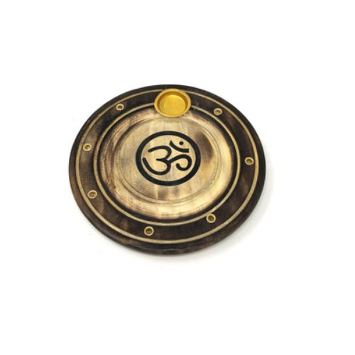 Incense Burner Wood Om Round Cone Burner