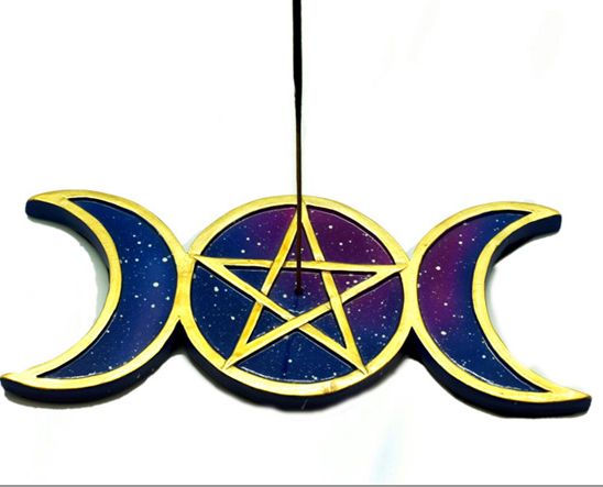 Incense Burner Triple Moon blue &amp; gold 8.5"