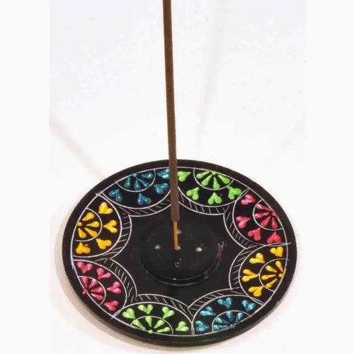 Incense Burner Round Carved Plate Red Green Yellow Blue 4&quot;