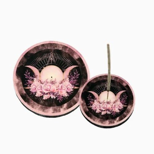 Incense Burner Wooden Round Rose Triple Moon