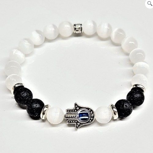 Bracelets 8mm Selenite / Lava / Hamsa Hand