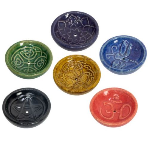 Incense Burner Ceramic Bowl  Etched 2&quot; diam, Type: Red Om
