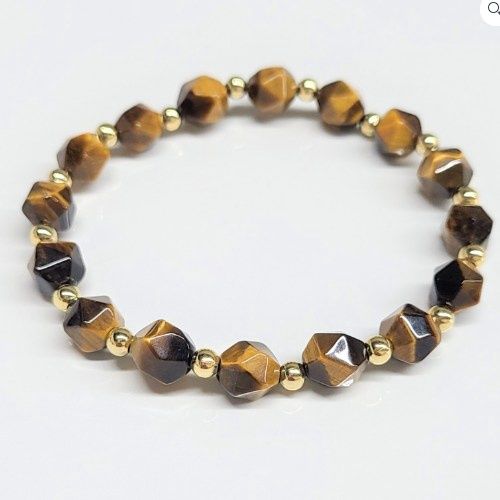 Bracelets 8mm Faceted Elastic, Type: Tiger Eye + Gold Bead