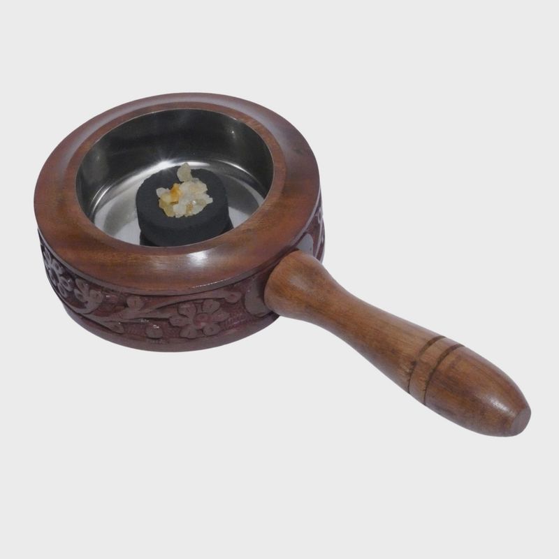 Resin Charcoal Burner w/ wood handle &amp; flower carving
