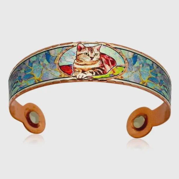 Bracelet Copper Cuff Flexible w/ Cat &amp; Magnets
