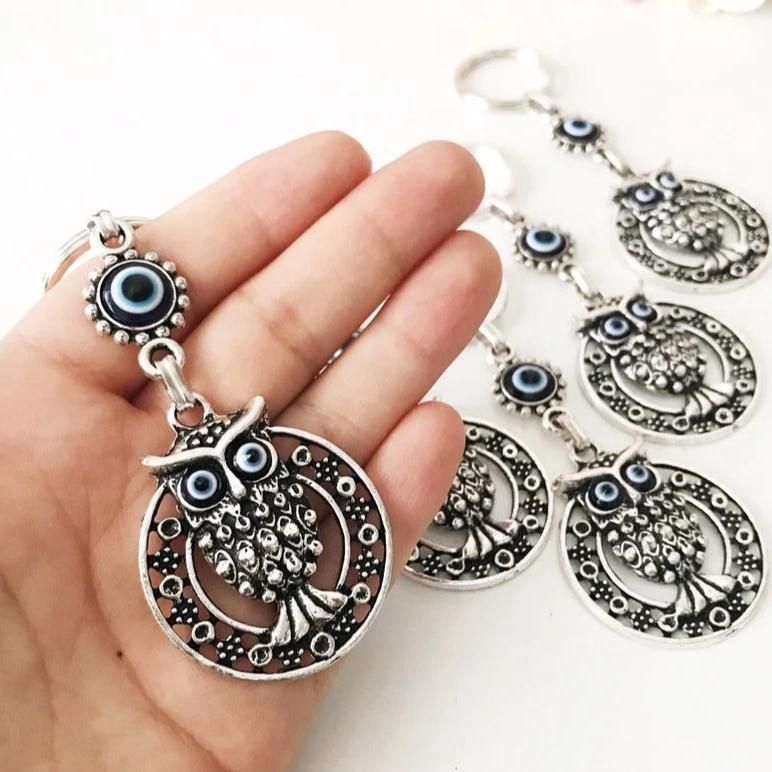 Evil Eye Keychain w/ Owl Silver Plated