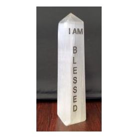 Selenite Affirmation Tower 4", Style: I am Blessed