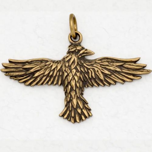 Bronze Pendant Celtic Raven Wings Spread on Black Cord