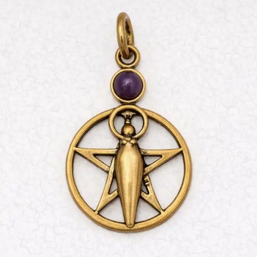 Bronze Pendant Goddess + Moon w/ Gemstone - Select, Type: Amethyst