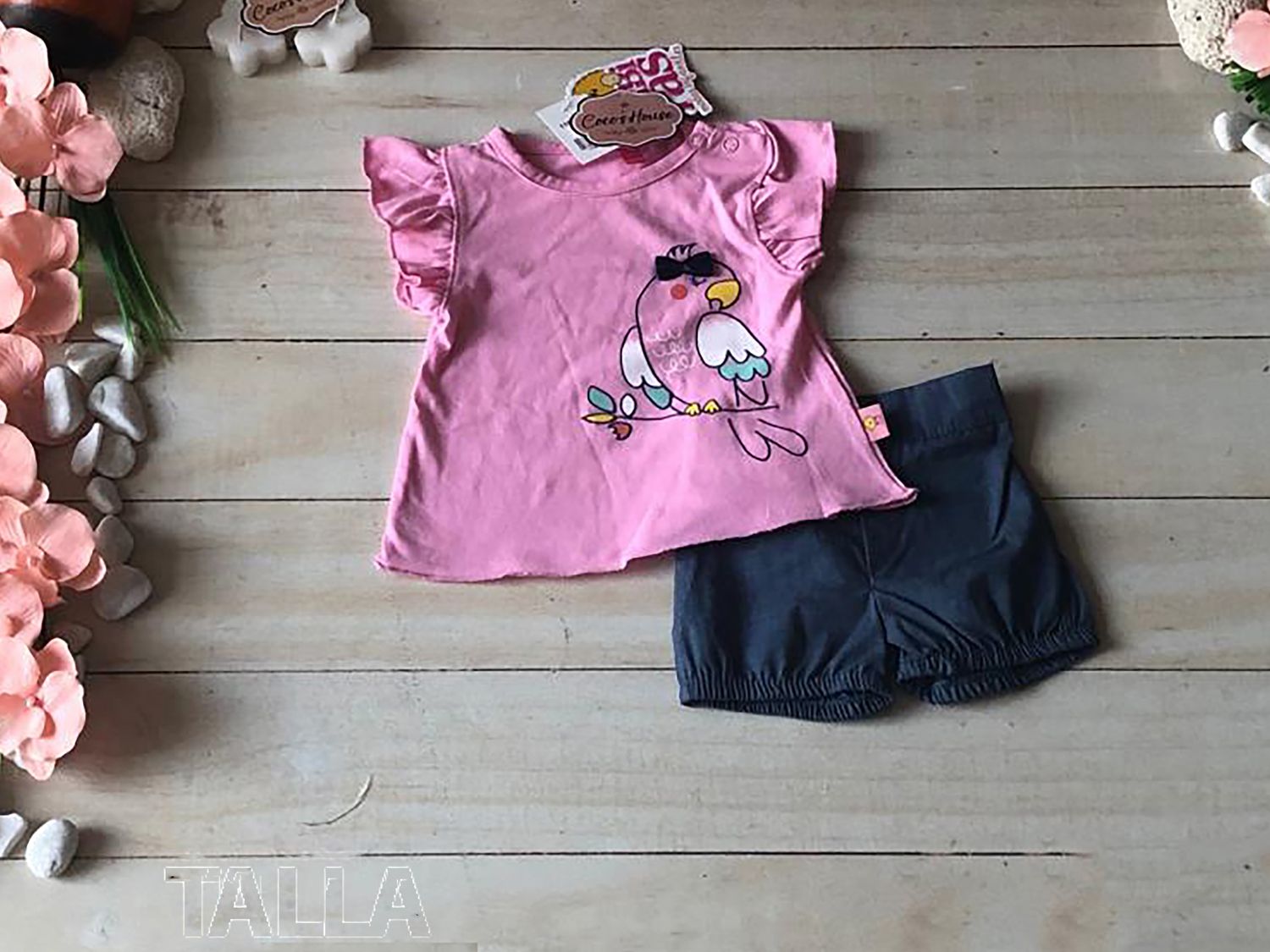 CONJUNTO 2 PZAS NIÑA PAJARITO C/MOÑITO  ROSA
