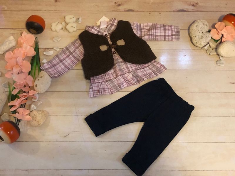 CONJUNTO 3PZ CHALECO DE BORREGA BLUSON LARGO CAFÉ Y PANTALON AZUL
