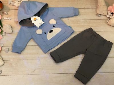PANTS 2PZ NIÑO BOLSA C/OSO BORDADO AZUL